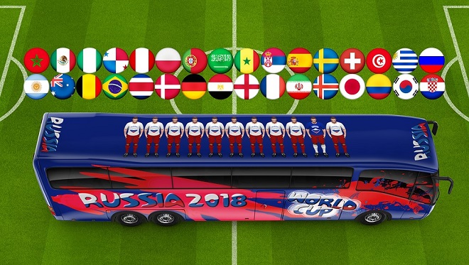 Football bus and country flags on field