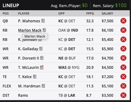 Daily fantasy sports lineup draft screen